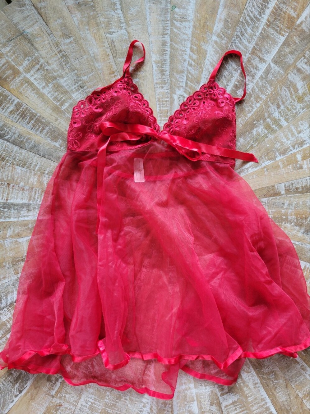 Red Sheer Lace-Trim Babydoll Chemise with Satin Tie